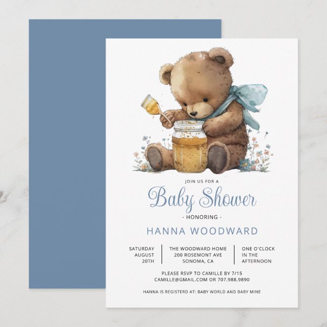 Invitación Watercolor Teddy Bear Honey Pot Boy Baby Shower (Anverso / Reverso)