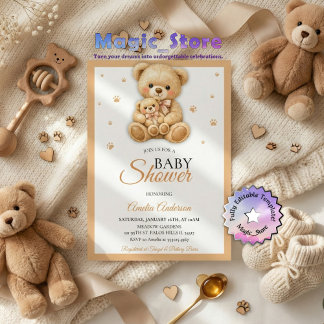 Invitación Watercolor Teddy Bear Mommy Cub Paws Baby Shower