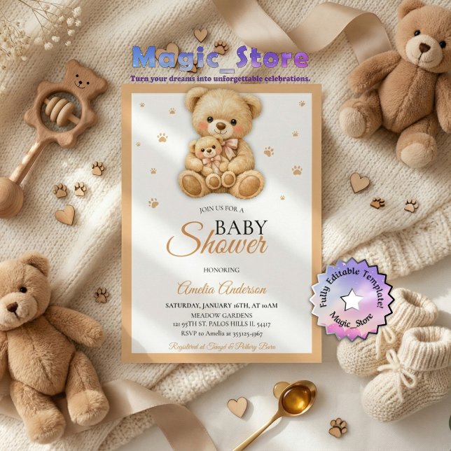 Invitación Watercolor Teddy Bear Mommy Cub Paws Baby Shower (Subido por el creador)