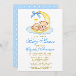 Invitación Watercolor Teddy Bear Moon Blue Dots Baby Shower