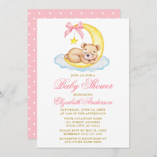 Invitación Watercolor Teddy Bear Moon Pink Dots Baby Shower