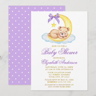 Invitación Watercolor Teddy Bear Moon Purple Dots Baby Shower