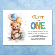 Watercolor Teddy Bear Primer Fiesta de cumpleaños