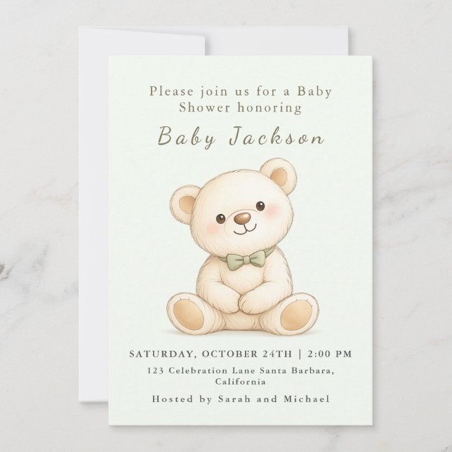 Invitación Watercolor Teddy Bear Sage Green (Anverso)