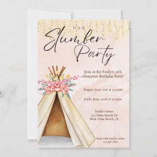 Invitación Watercolor Teepee Tent Slumber Fiesta Cumpleaños