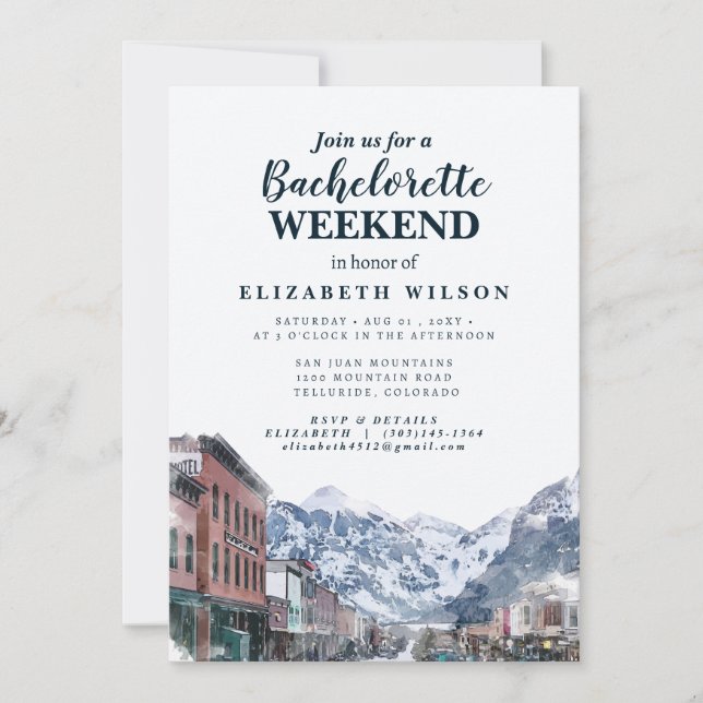 Invitación Watercolor Telluride Co Bachelorette Mountain (Anverso)
