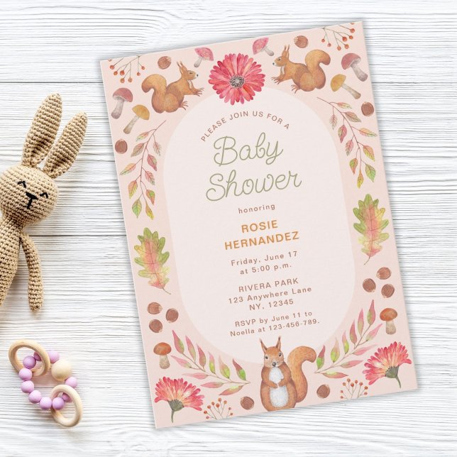 Invitación Watercolor Tema de caída simétrico Baby Shower (autumn fall baby shower, squirrel, nuts, leaves, flowers)