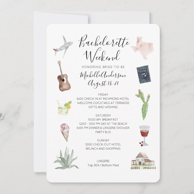 Invitación Watercolor Texas Bachelorette Weekend Itinerary (Anverso)