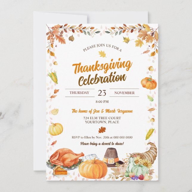 Invitación Watercolor Thanksgiving Celebration (Anverso)