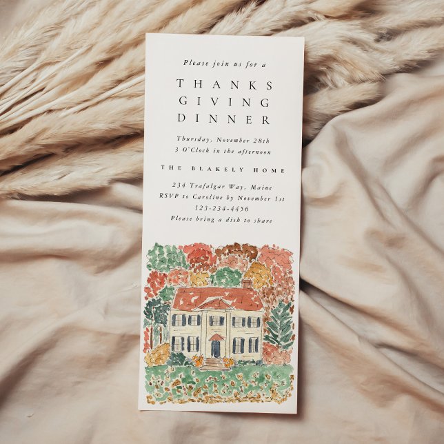 Invitación Watercolor Thanksgiving Dinner Georgian House (Watercolor Thanksgiving Dinner Georgian House Invitation)