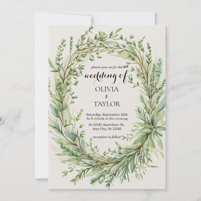 Invitación Watercolor Thyme Rosemary Sprig Wreath Boda (Anverso)