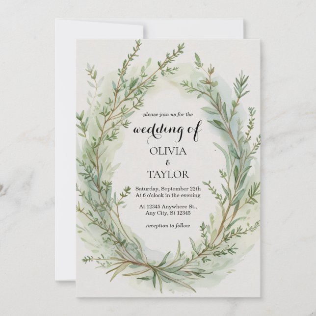 Invitación Watercolor Thyme Rosemary Sprig Wreath Boda (Anverso)
