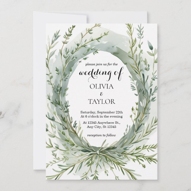 Invitación Watercolor Thyme Rosemary Sprig Wreath Boda (Anverso)