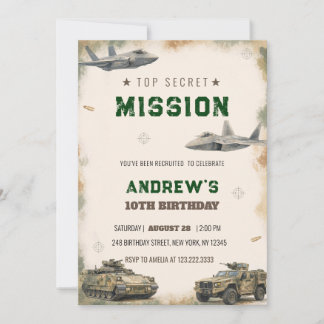 Invitación Watercolor Top Secret Military Mission Birthday