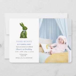 Invitación Watercolor Topiary Rabbit Baby boy Photo birthday