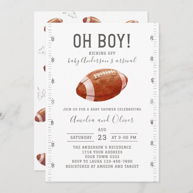 Invitación Watercolor touchdowns american baby showe (Anverso / Reverso)