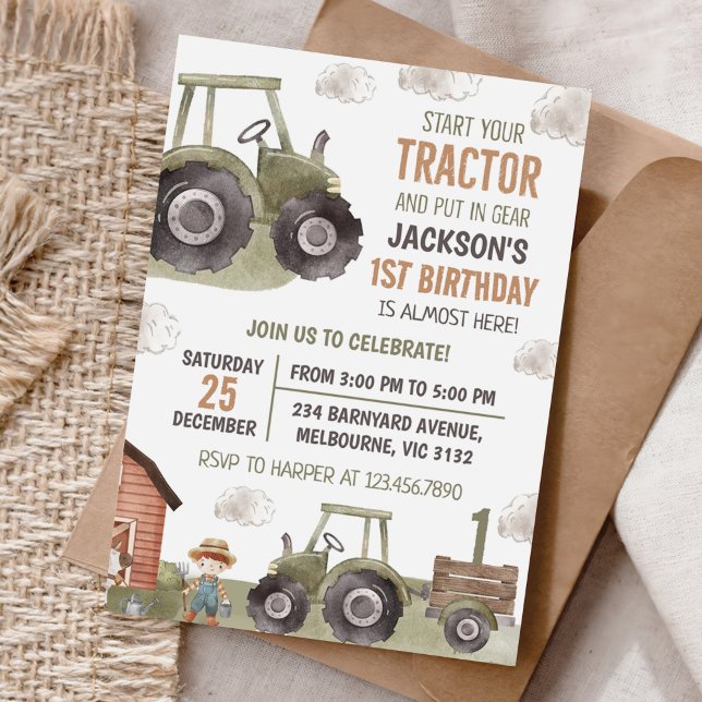 Invitación Watercolor Tractor Farm 1er cumpleaños (Subido por el creador)