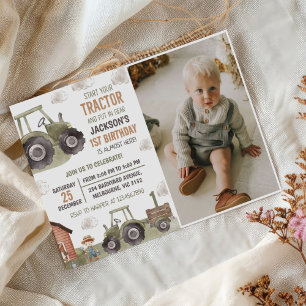 Invitación Watercolor Tractor Farm 1er cumpleaños Foto