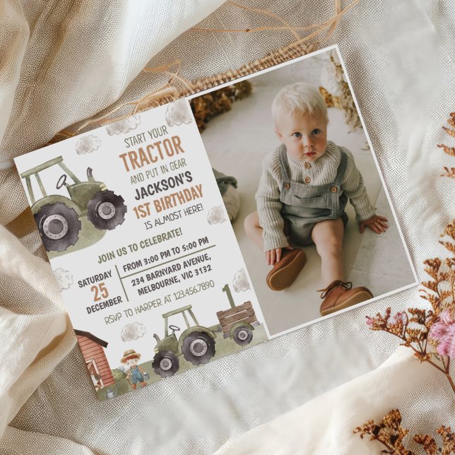 Invitación Watercolor Tractor Farm 1er cumpleaños Foto (Subido por el creador)