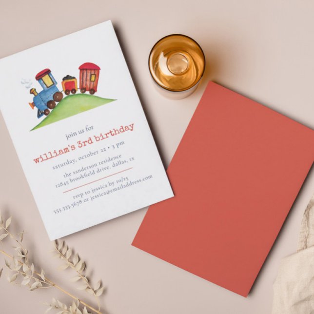 Invitación Watercolor Train Red Blue Pastel Cumpleaños (Subido por el creador)