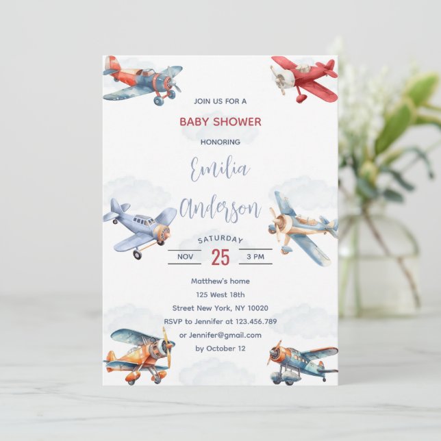 Invitación Watercolor Travel Airplane Nubes Baby Shower (Anverso de pie)