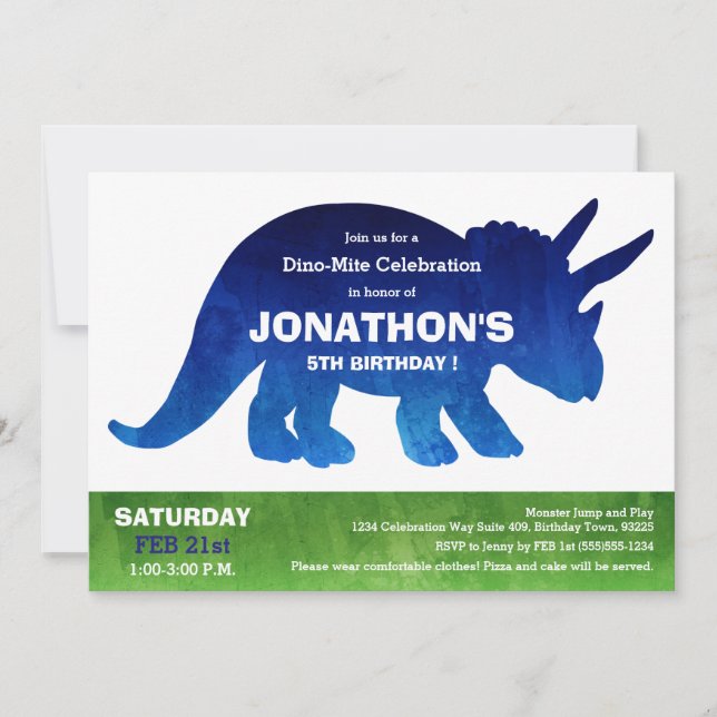 Invitación Watercolor Triceratops Dinosaur Birday Party (Anverso)