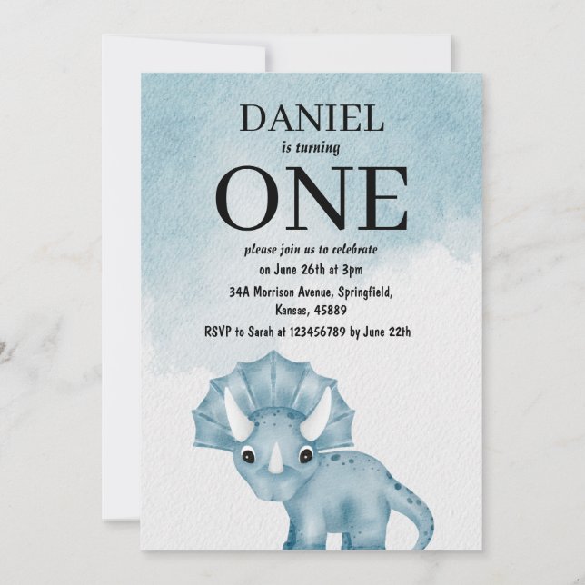 Invitación Watercolor Triceratops Dinosaurio 1º cumpleaños (Anverso)