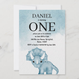 Invitación Watercolor Triceratops Dinosaurio 1º cumpleaños