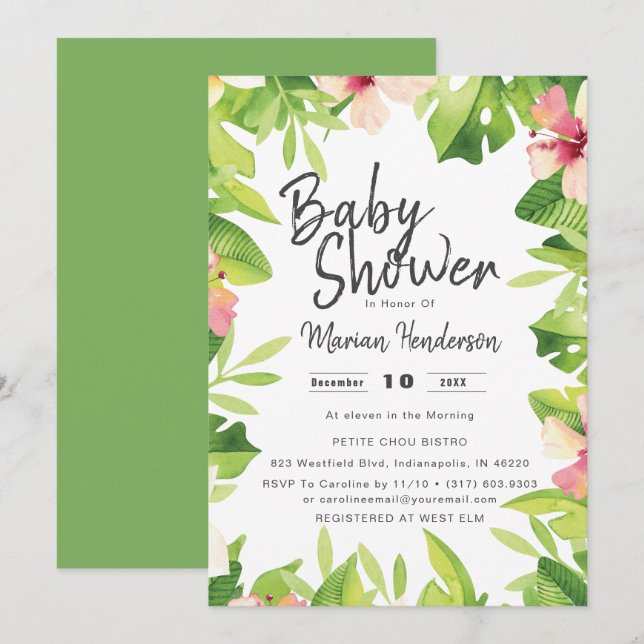 Invitación Watercolor Tropical Beach Baby Shower (Anverso / Reverso)