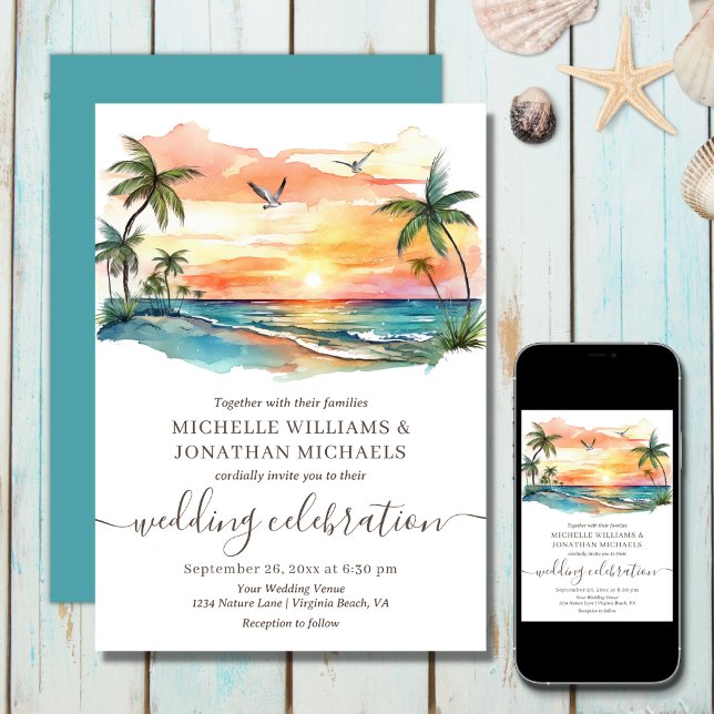 Invitación Watercolor Tropical Beach Sunset Boda (Printed (Front and Back) and Digital - Tropical Beach Palm Trees Destination Wedding Invitation)