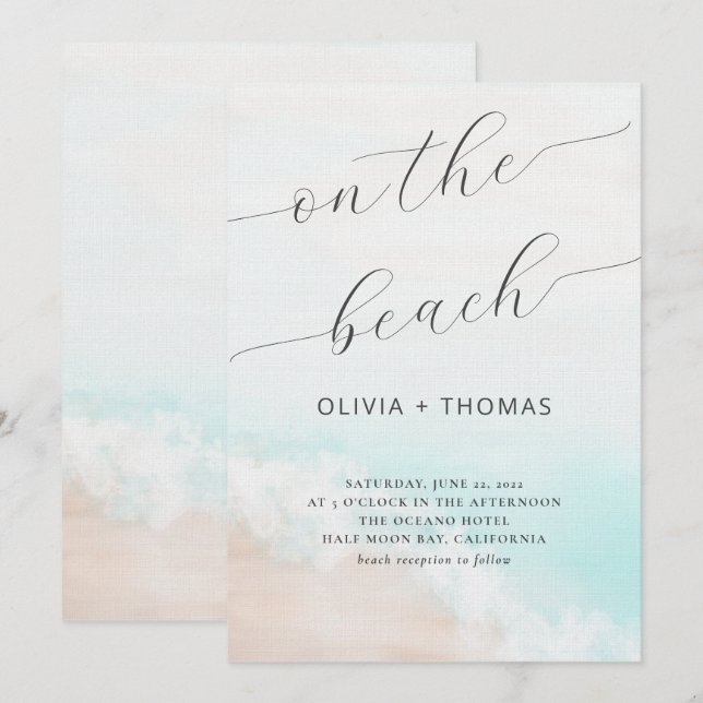 Invitación Watercolor Tropical Beach Wave Calligraphy Boda (Anverso / Reverso)