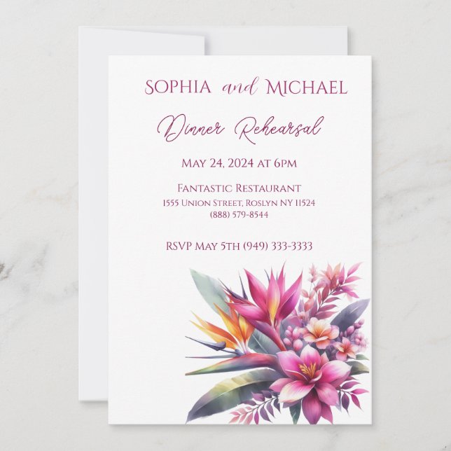Invitación Watercolor Tropical Bliss Boda Ensayo de cena (Anverso)