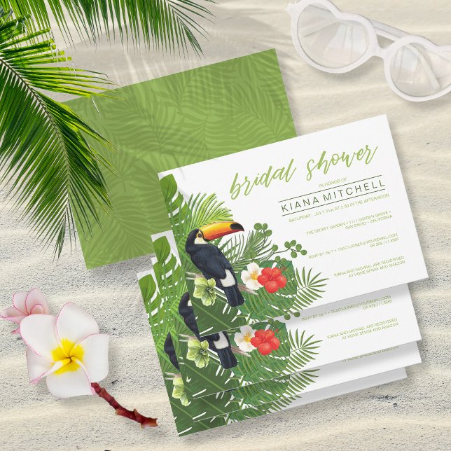 Invitación Watercolor Tropical Bridal Shower Green ID577 (Front/Back In Situ)