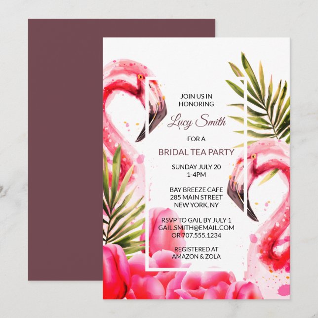Invitación Watercolor Tropical Bridal Tea Fiesta | Flamingos (Anverso / Reverso)