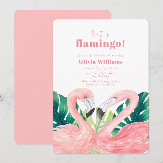 Invitación Watercolor Tropical Couple Flamingo Baby Shower (Anverso / Reverso)