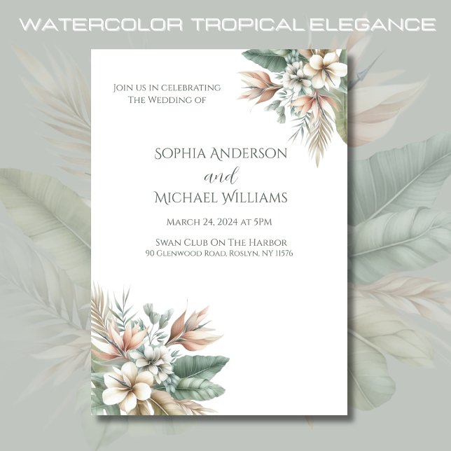Invitación Watercolor Tropical Elegance-Boda (Watercolor Tropical Elegance Wedding Collection- Sage Green and Peach)
