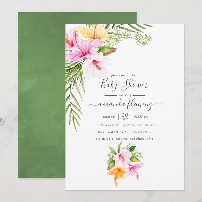Invitación Watercolor Tropical Floral Baby Shower (Anverso / Reverso)