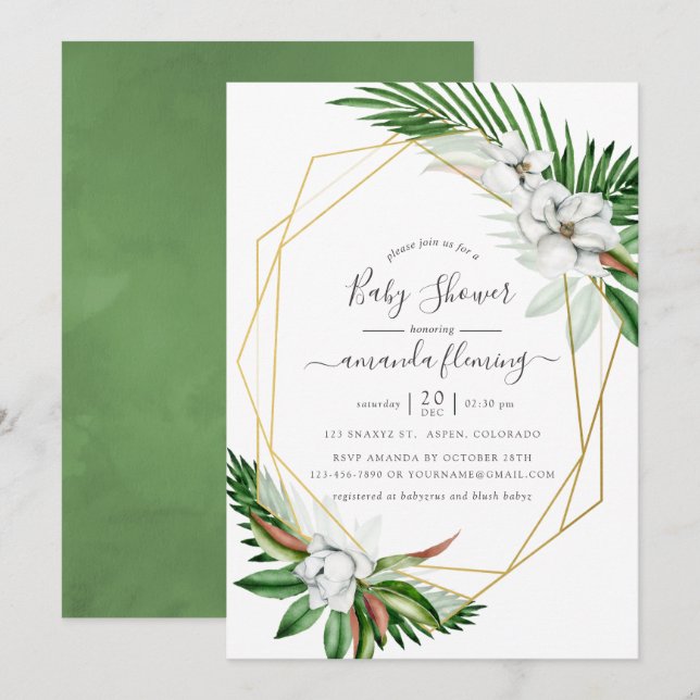 Invitación Watercolor Tropical Floral Baby Shower (Anverso / Reverso)