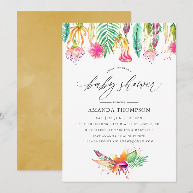 Invitación Watercolor Tropical Floral Baby Shower (Anverso / Reverso)
