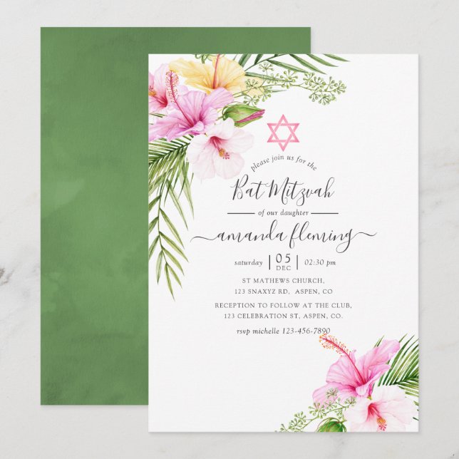 Invitación Watercolor Tropical Floral Bat Mitzvah (Anverso / Reverso)