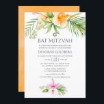 Invitación Watercolor Tropical Floral Bat Mitzvah<br><div class="desc">Invitación de mitzvah de murciélago acuático con hibiscos rosa y naranja diseñados para ser rápida y fácilmente adaptados a sus necesidades específicas.</div>