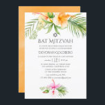 Invitación Watercolor Tropical Floral Bat Mitzvah<br><div class="desc">Invitación de mitzvah de murciélago acuático con hibiscos rosa y naranja diseñados para ser rápida y fácilmente adaptados a sus necesidades específicas.</div>