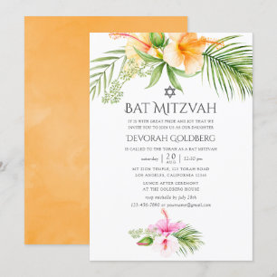 Invitación Watercolor Tropical Floral Bat Mitzvah