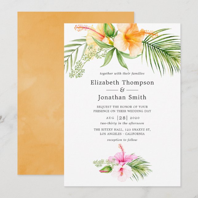 Invitación Watercolor Tropical Floral Beach Wedding (Anverso / Reverso)