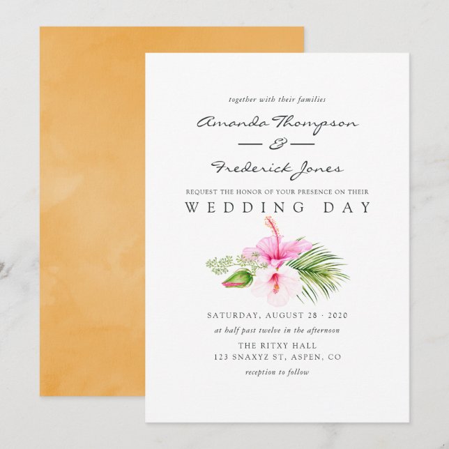 Invitación Watercolor Tropical Floral Beach Wedding (Anverso / Reverso)