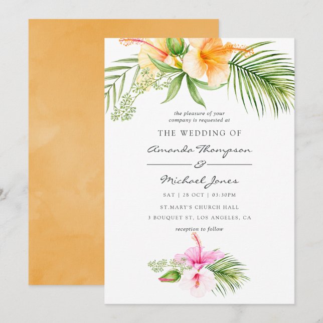Invitación Watercolor Tropical Floral Beach Wedding (Anverso / Reverso)