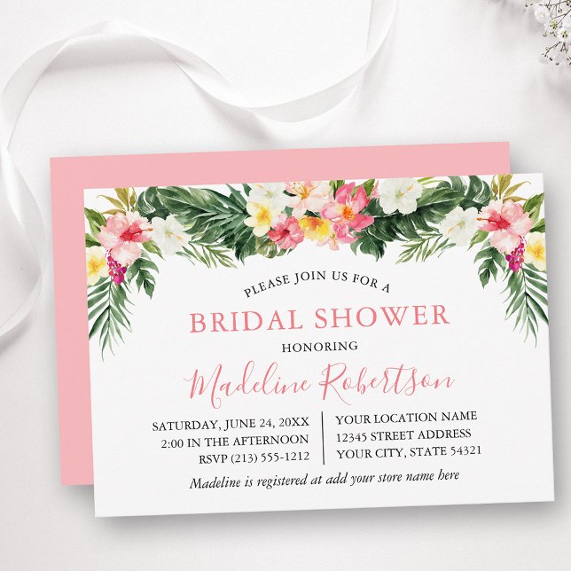 Invitación Watercolor Tropical Floral Bridal Shower (Customize to change text color, text style or color of back of card.)