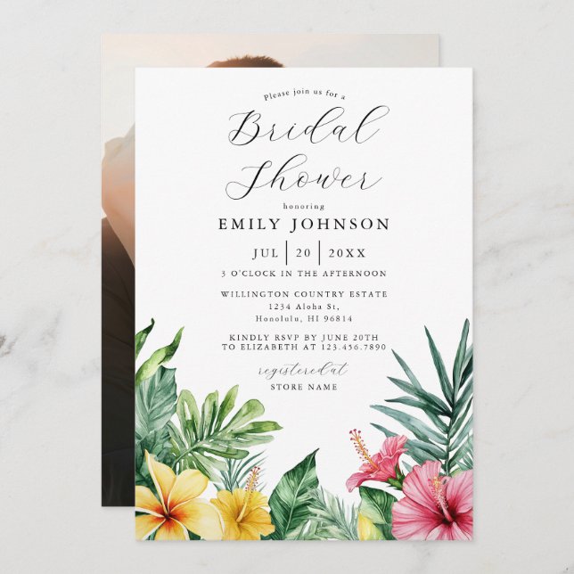 Invitación Watercolor Tropical Floral Bridal Shower Foto (Anverso / Reverso)