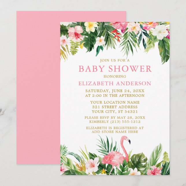 Invitación Watercolor Tropical Floral Flamingo Baby Shower (Anverso / Reverso)