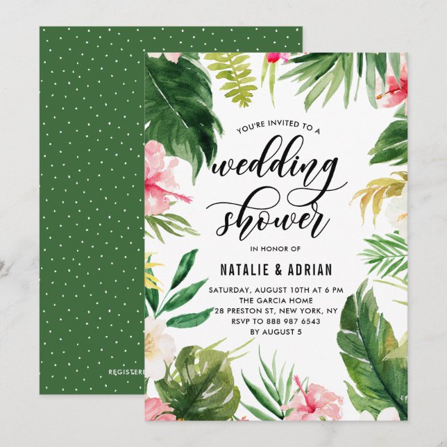 Invitación Watercolor Tropical Floral Frame Wedding Ducha (Anverso / Reverso)